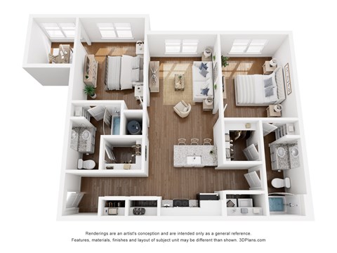 A 3D floor plan of a two-bedroom apartment with a living room, kitchen, and bathroom.